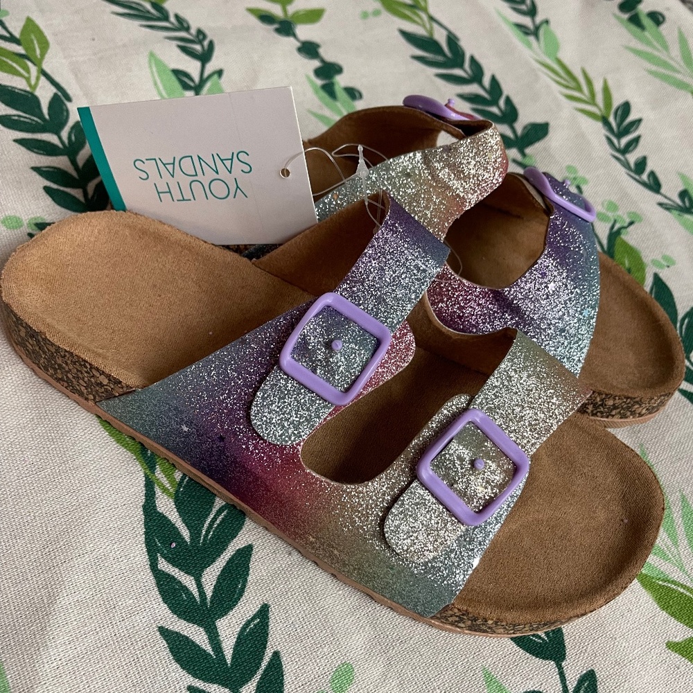 Youth Sandals Rainbow Glitter Buckle Slides NWT Size 2/3